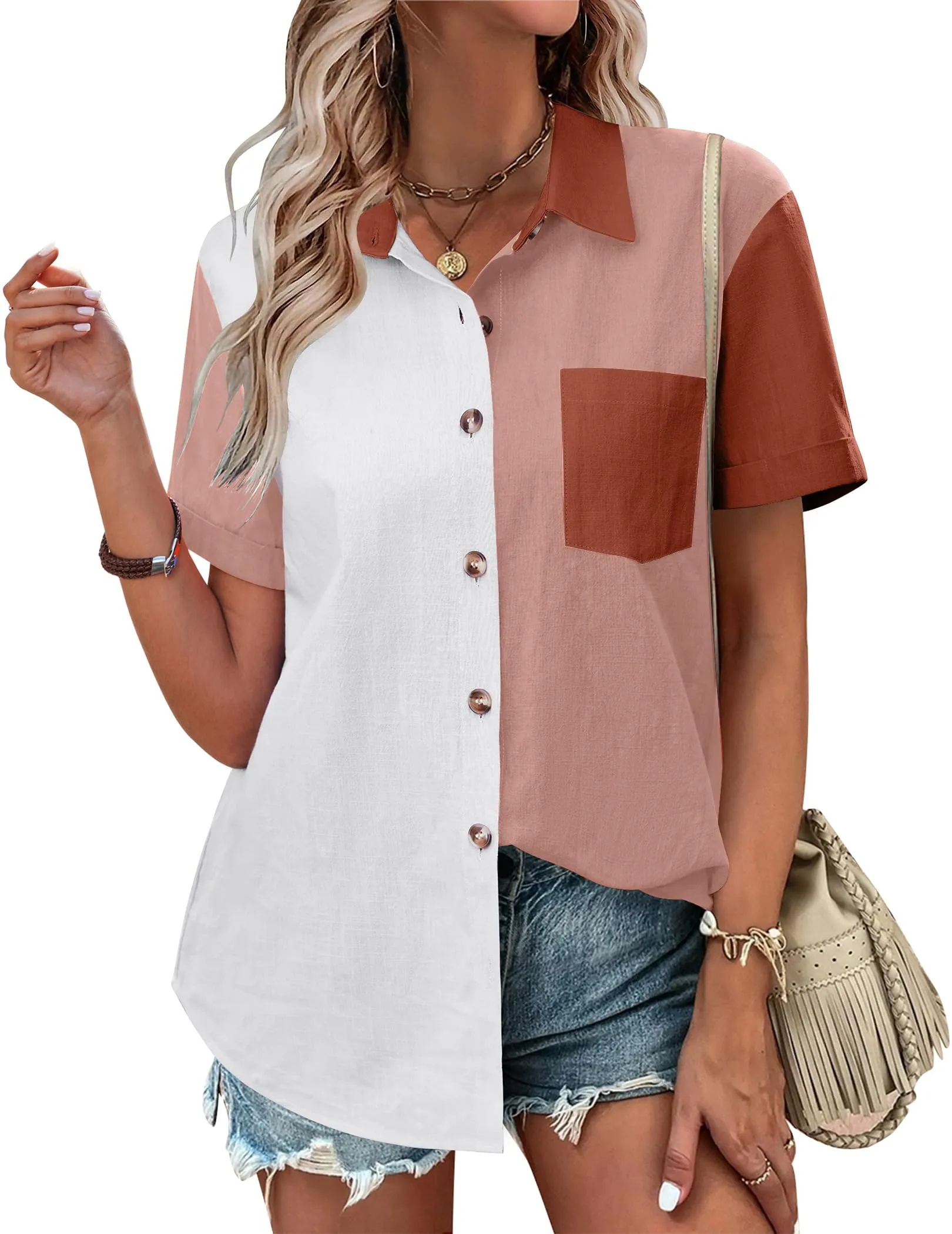 Zeagoo Color Block Short Sleeve Cotton Linen Causal Tops